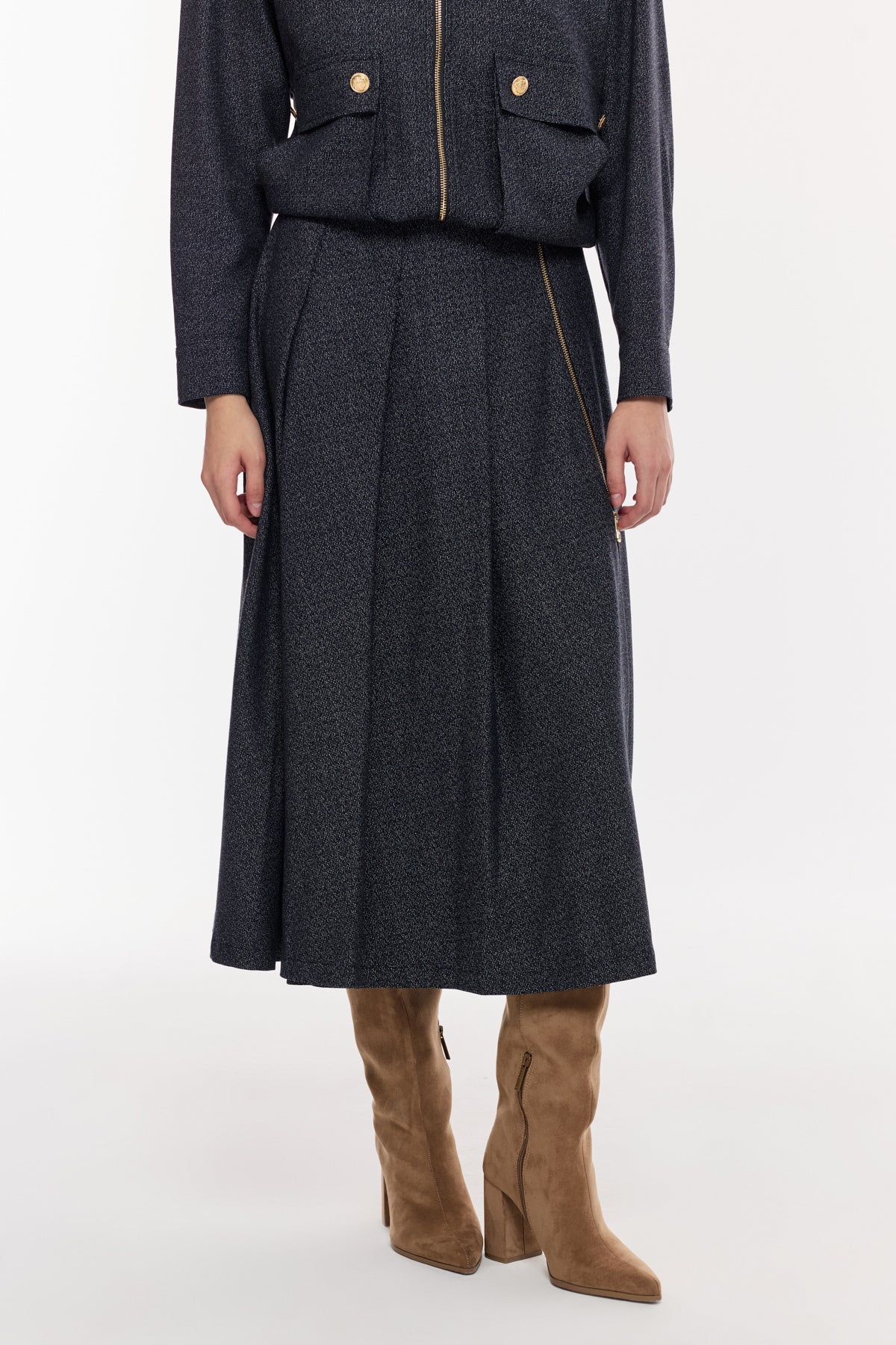 Altın Fermuar Detaylı Midi Etek