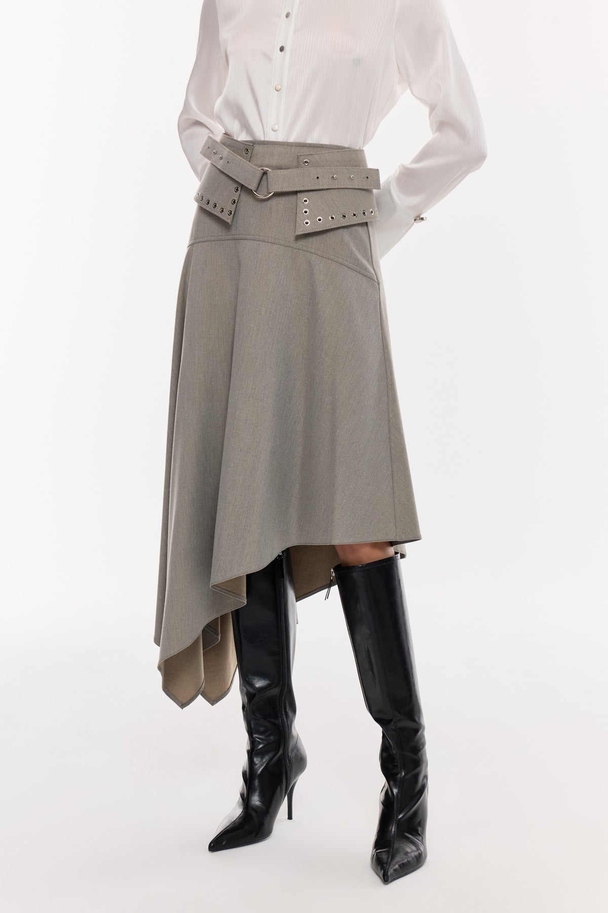 Kemer Detaylı Asimetrik Midi Etek