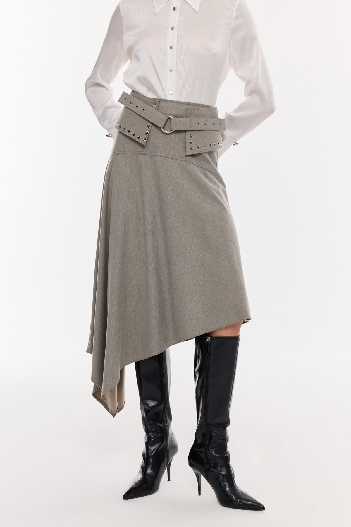 Kemer Detaylı Asimetrik Midi Etek