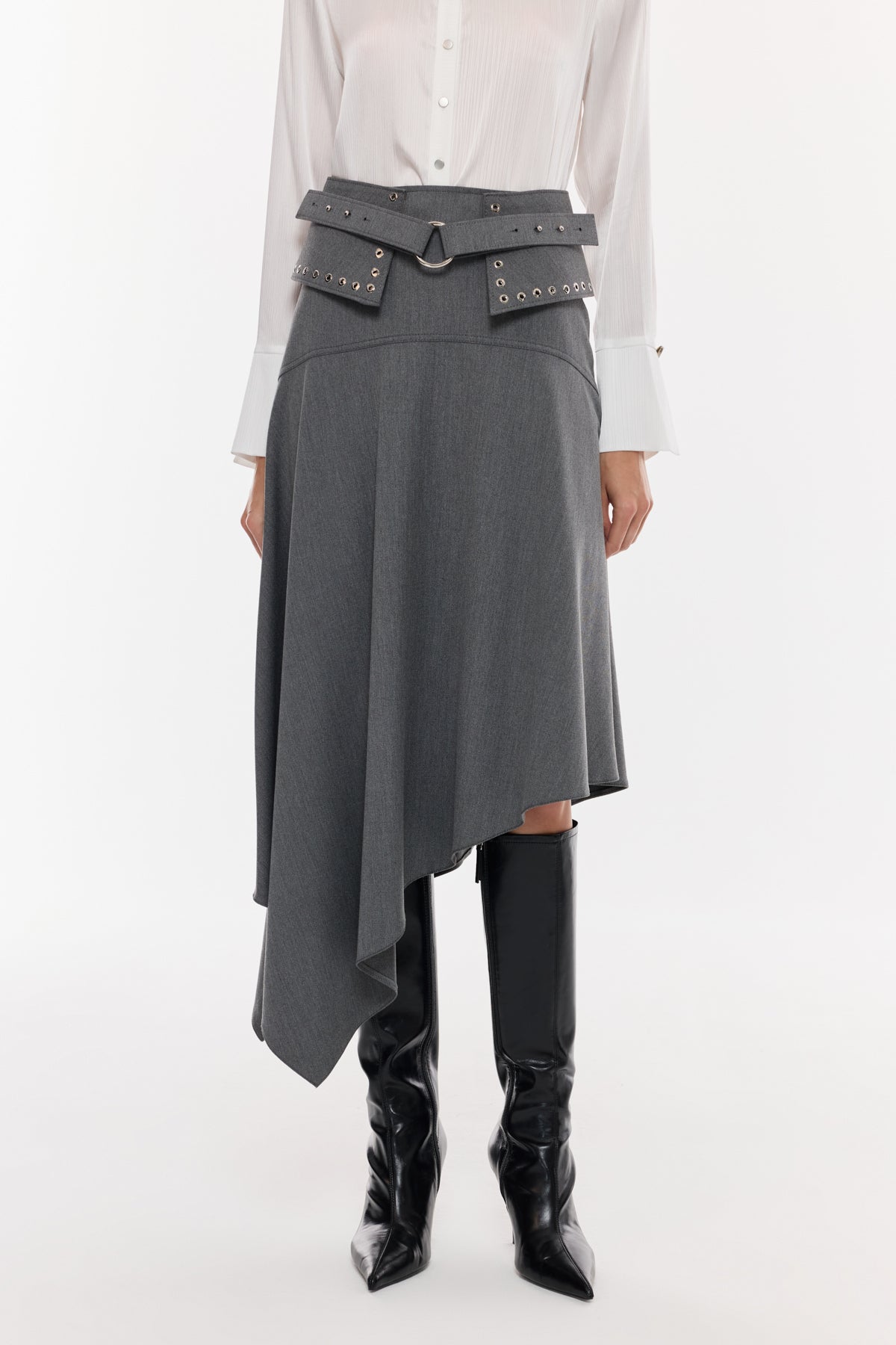 Kemer Detaylı Asimetrik Midi Etek