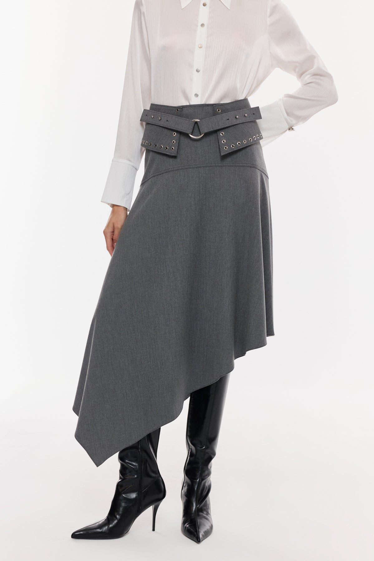 Kemer Detaylı Asimetrik Midi Etek