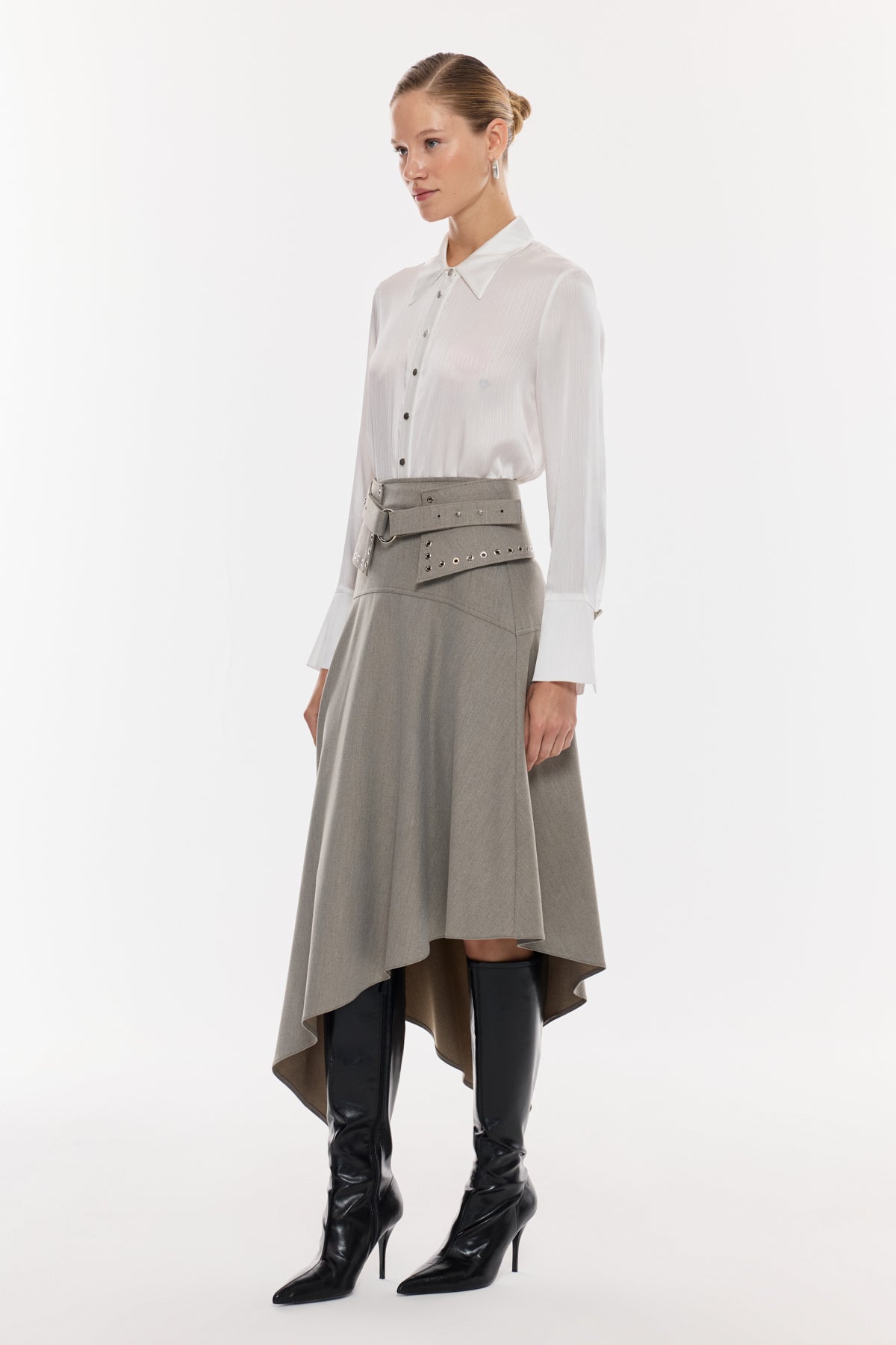 Kemer Detaylı Asimetrik Midi Etek