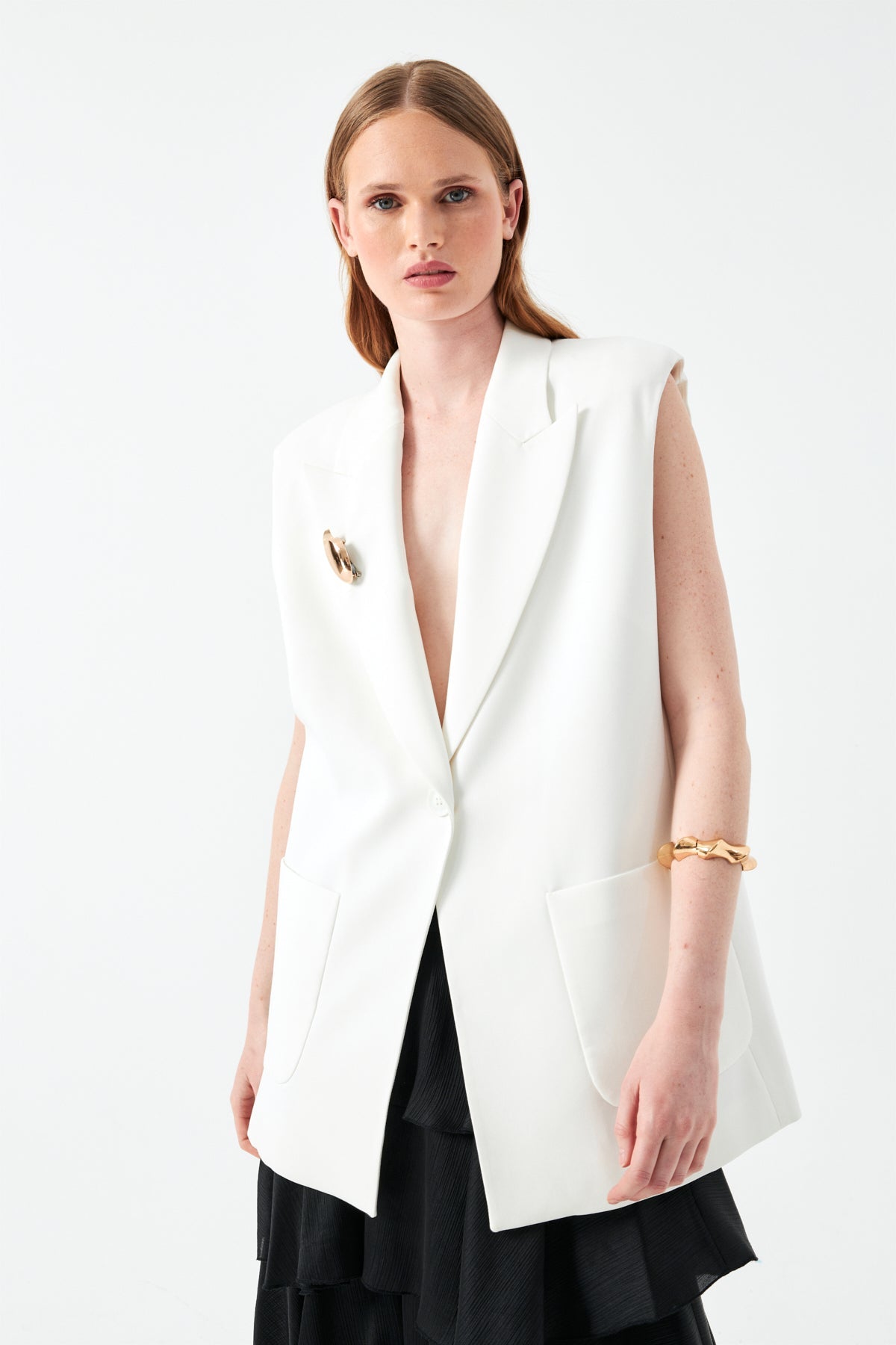 Kolsuz Ekru Blazer Yelek