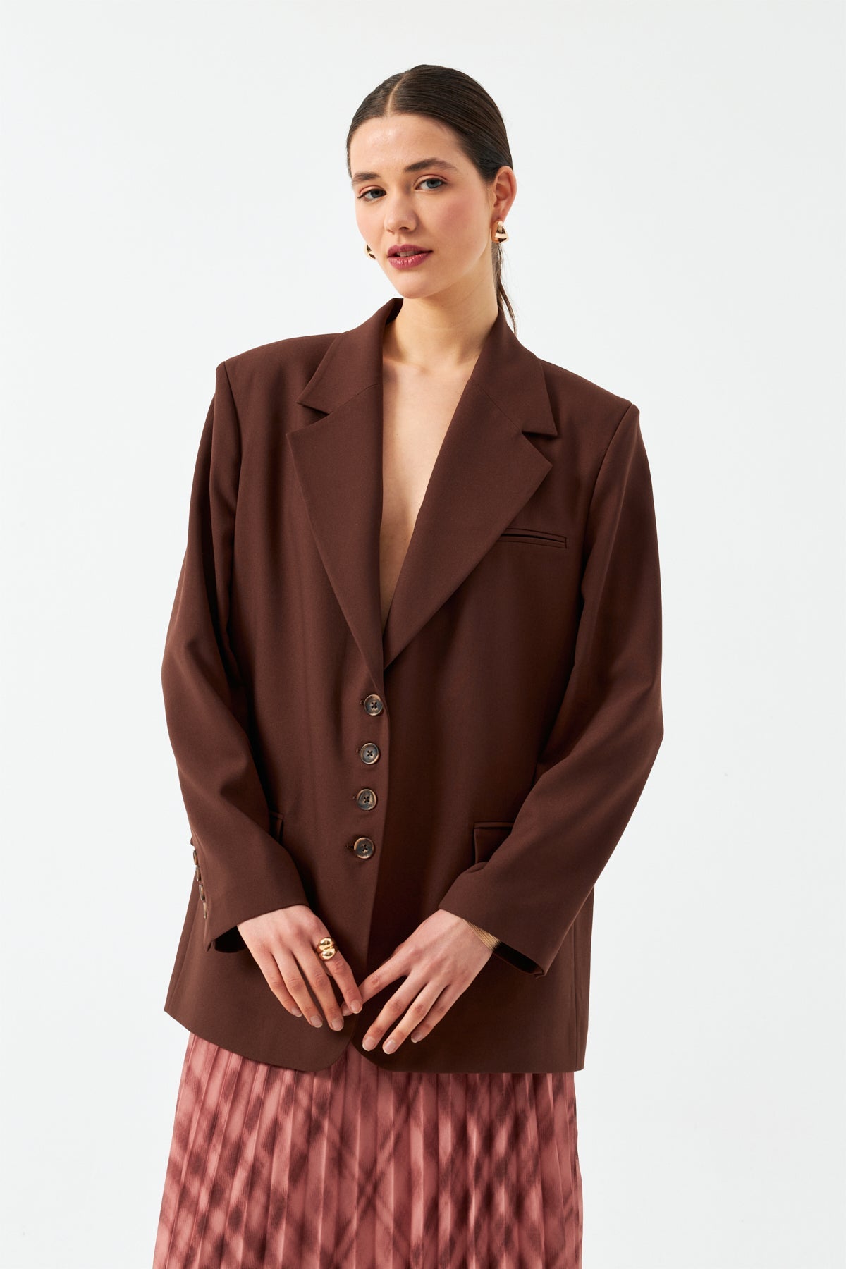 Düğmeli Uzun Blazer  Ceket - Kahverengi