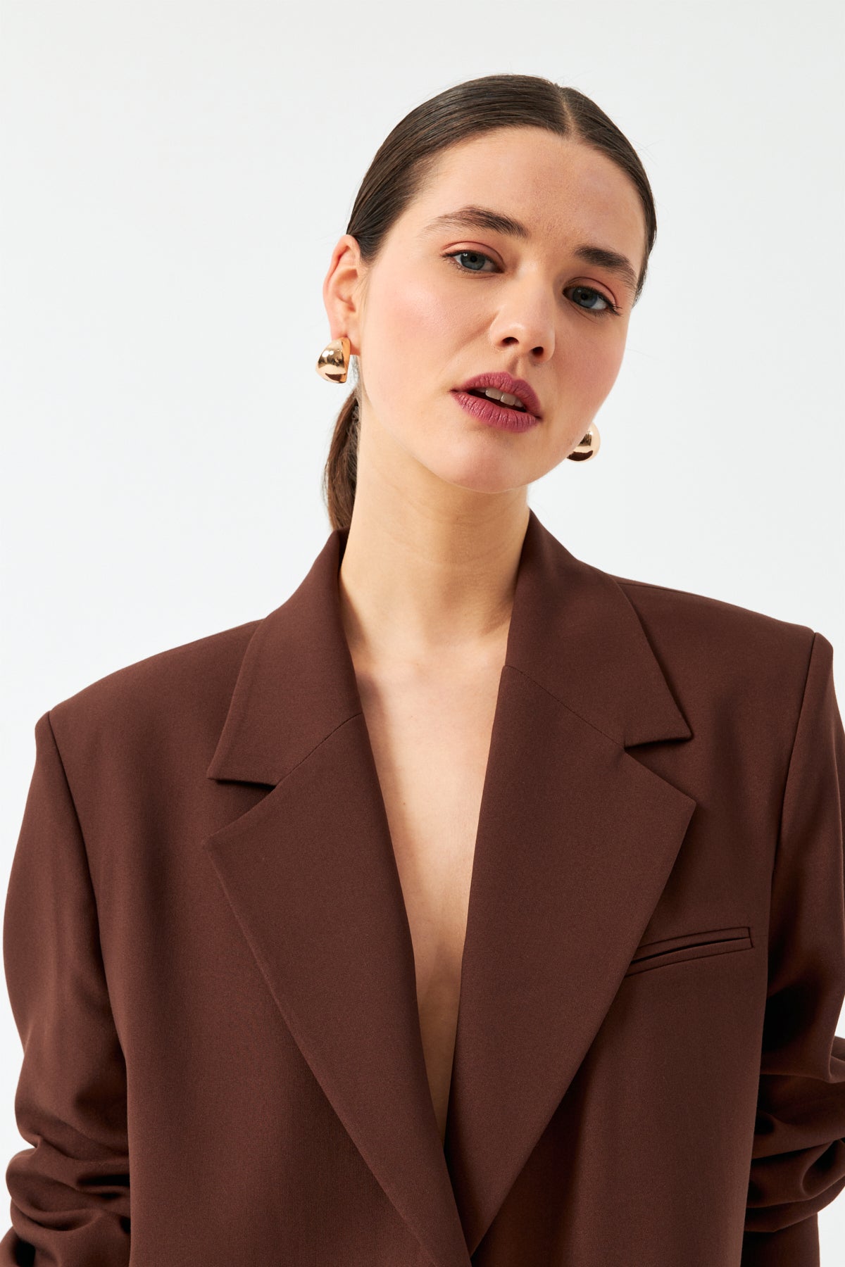 Düğmeli Uzun Blazer  Ceket - Kahverengi