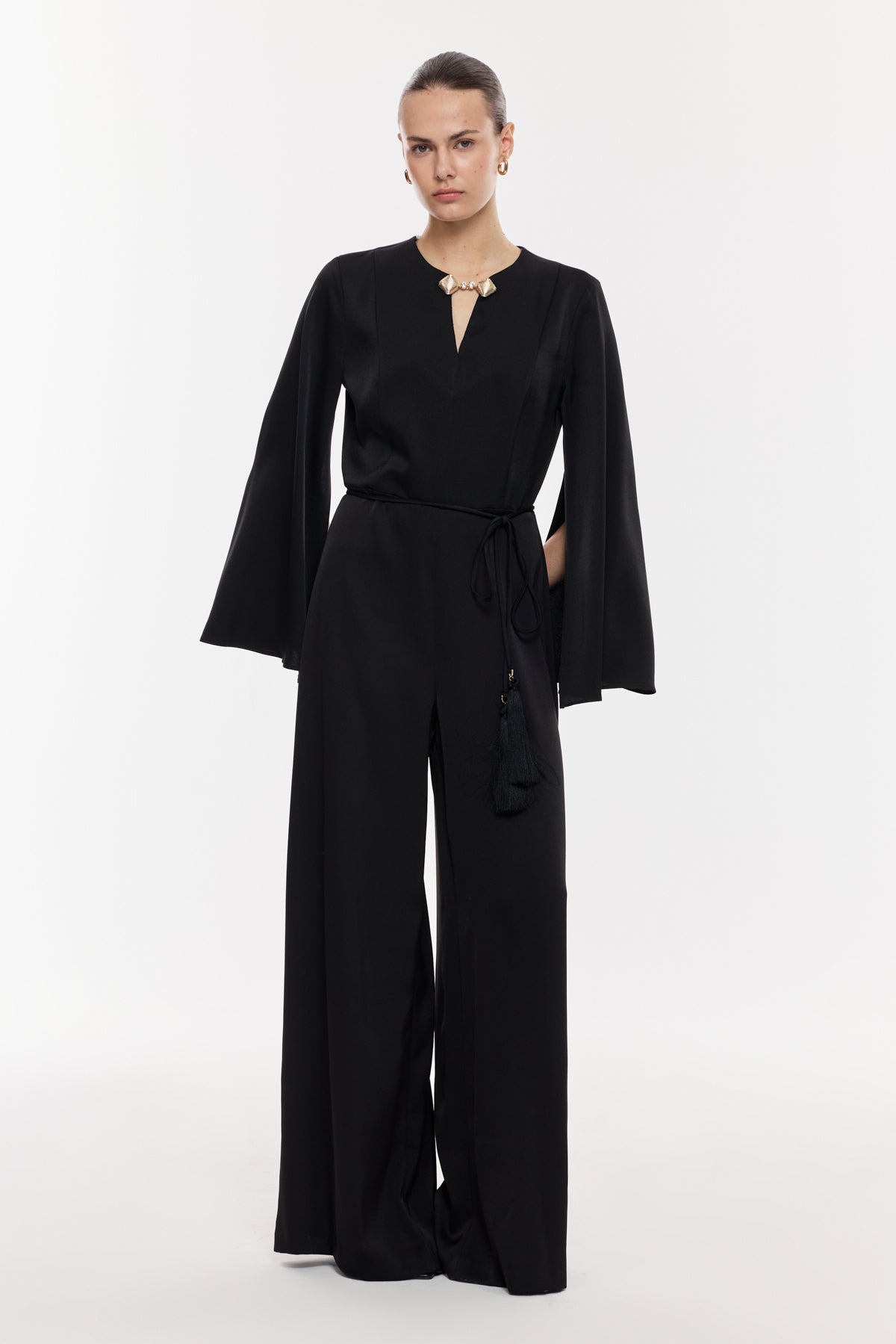 Gold Detaylı Kuşaklı Şık Tulum