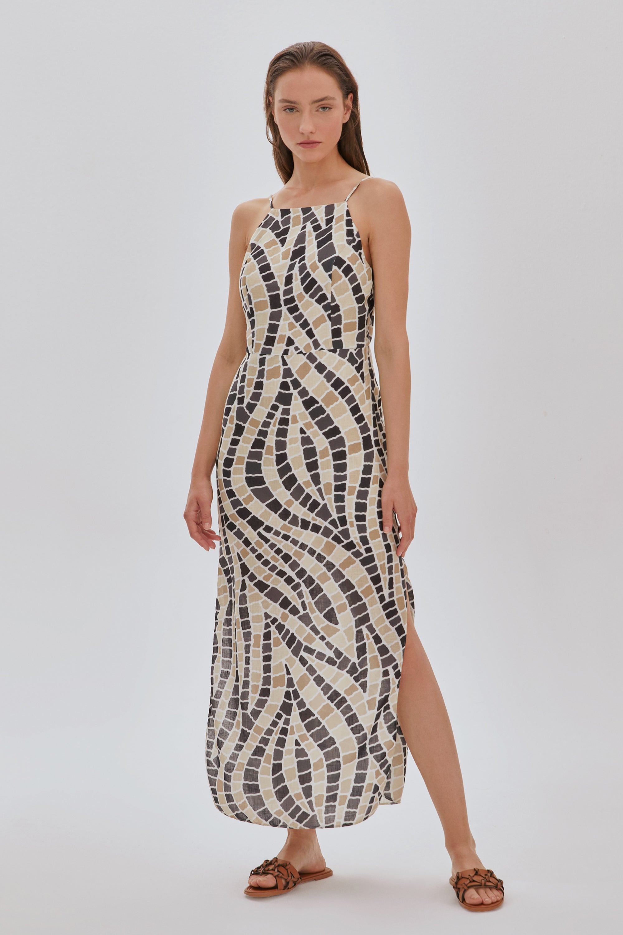 Desenli Keten Elbise BEJ