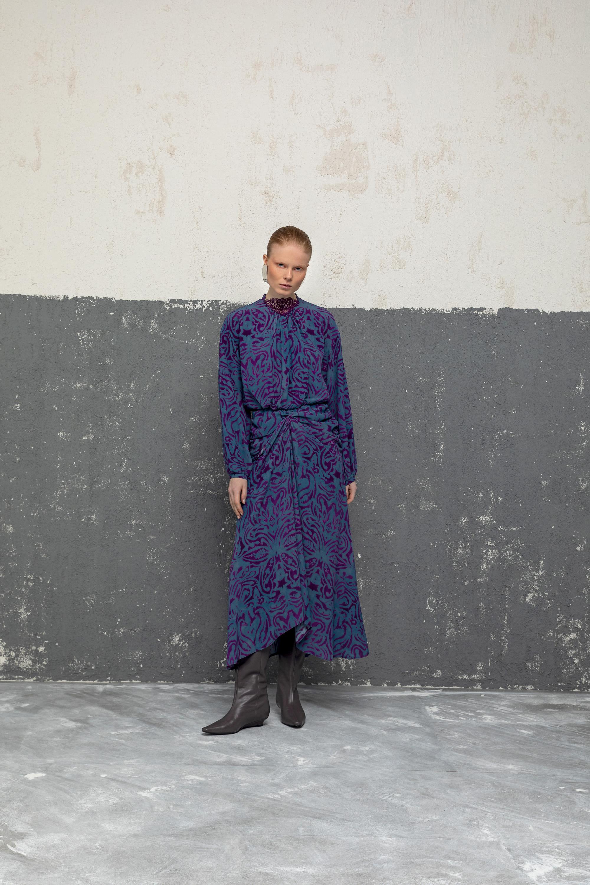 BEL DRAPELİ DESENLİ ELBİSE 26W40869