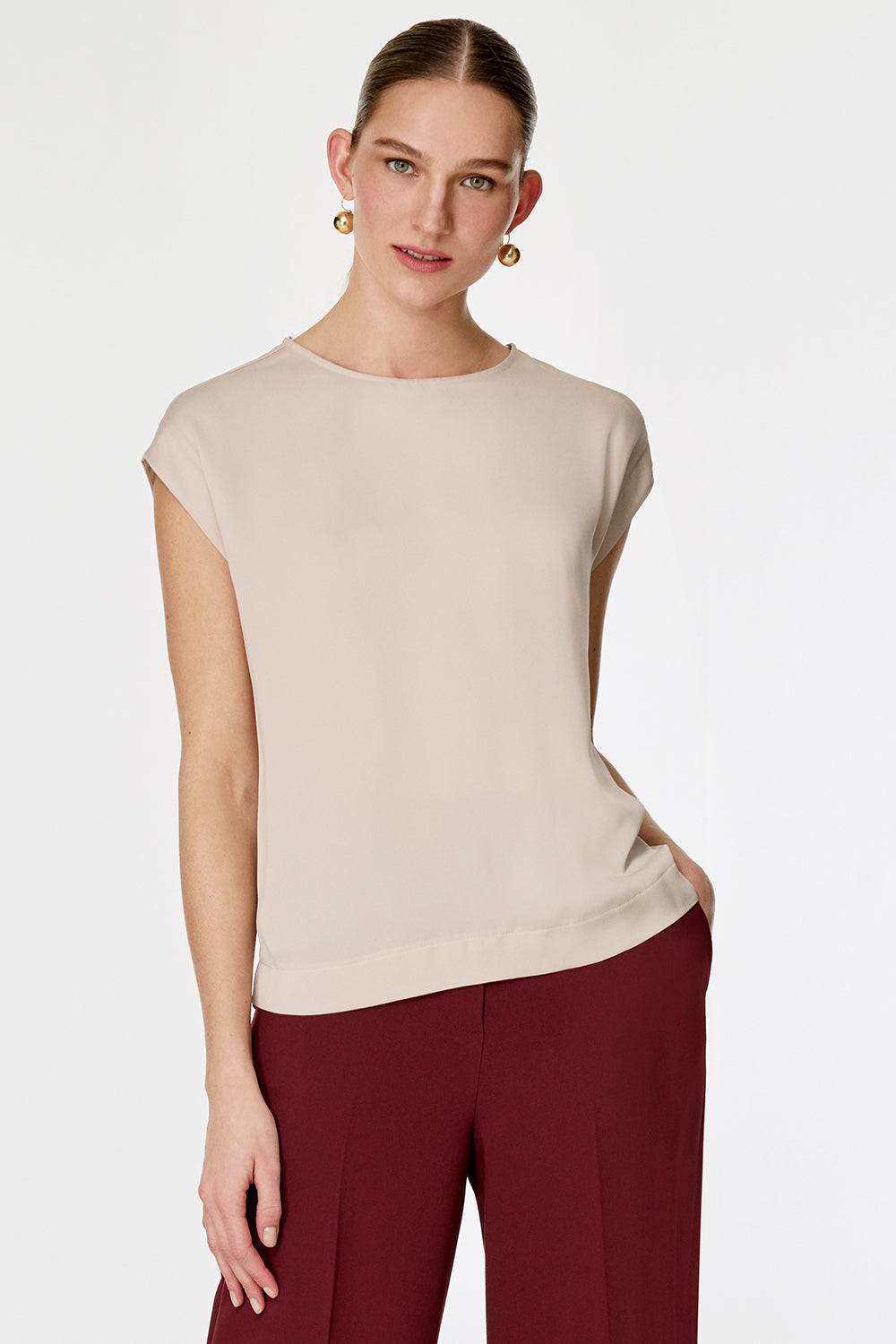 Dökümlü Kumaş Kısa Kollu Bluz Bej