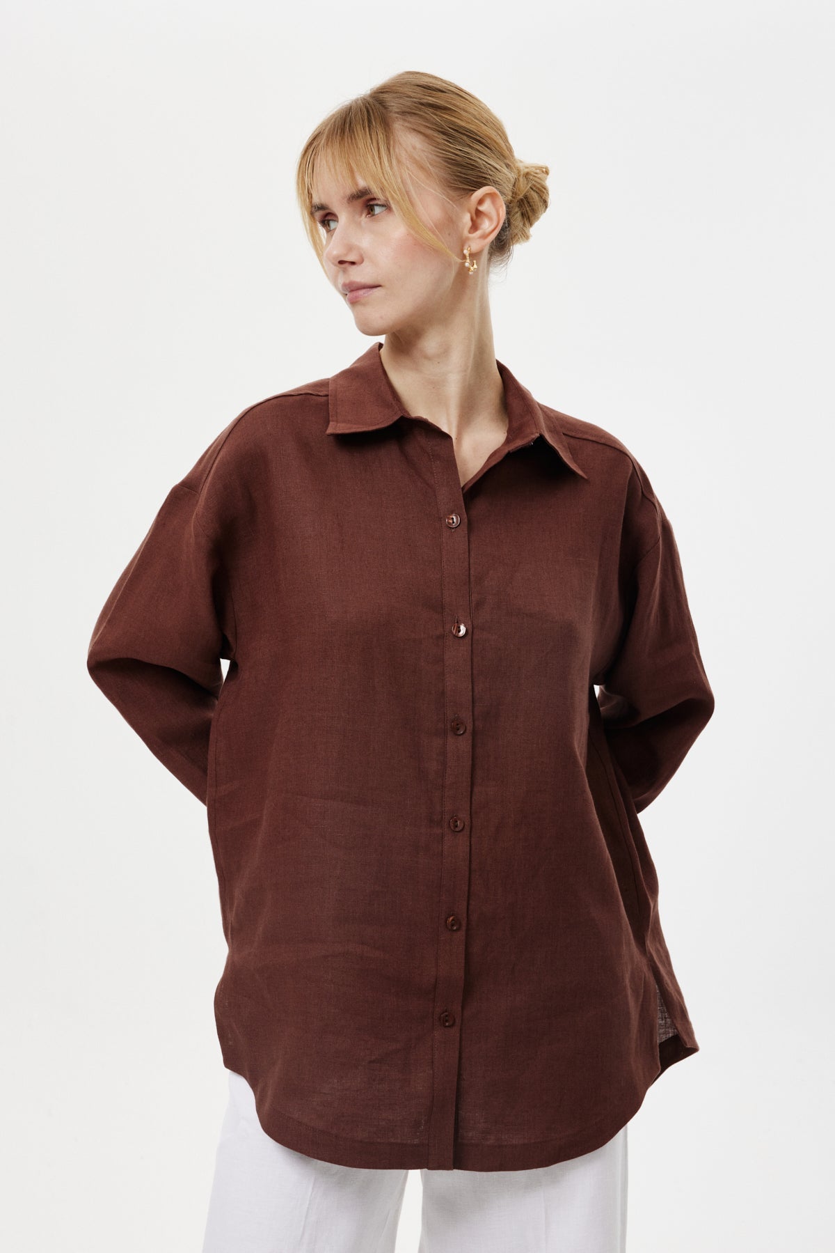 Dökümlü Keten Gömlek KAHVERENGİ