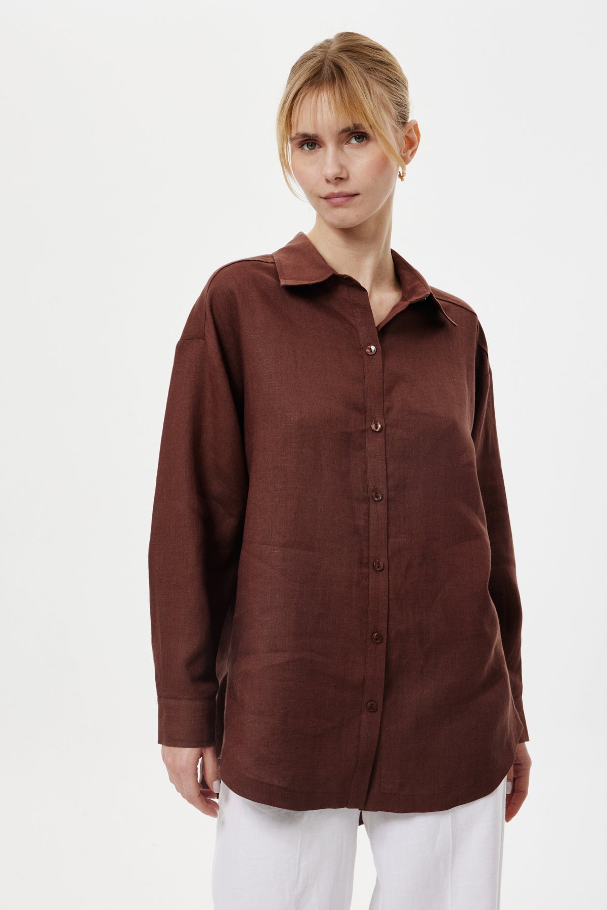 Dökümlü Keten Gömlek KAHVERENGİ