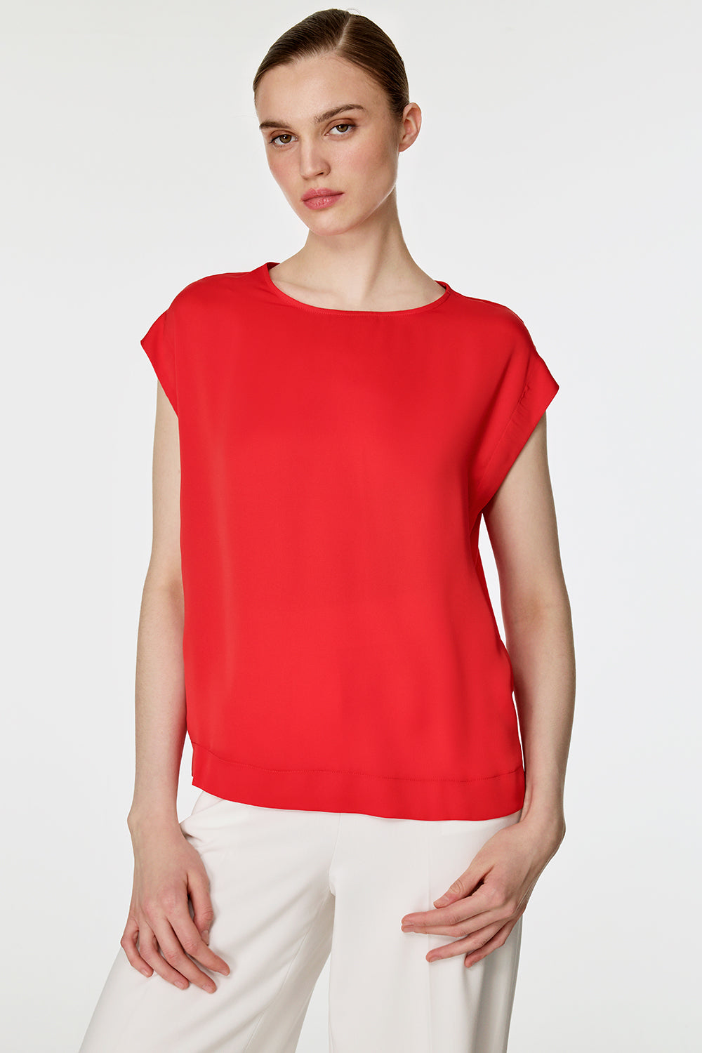 Dökümlü Kumaş Kısa Kollu Bluz KIRMIZI