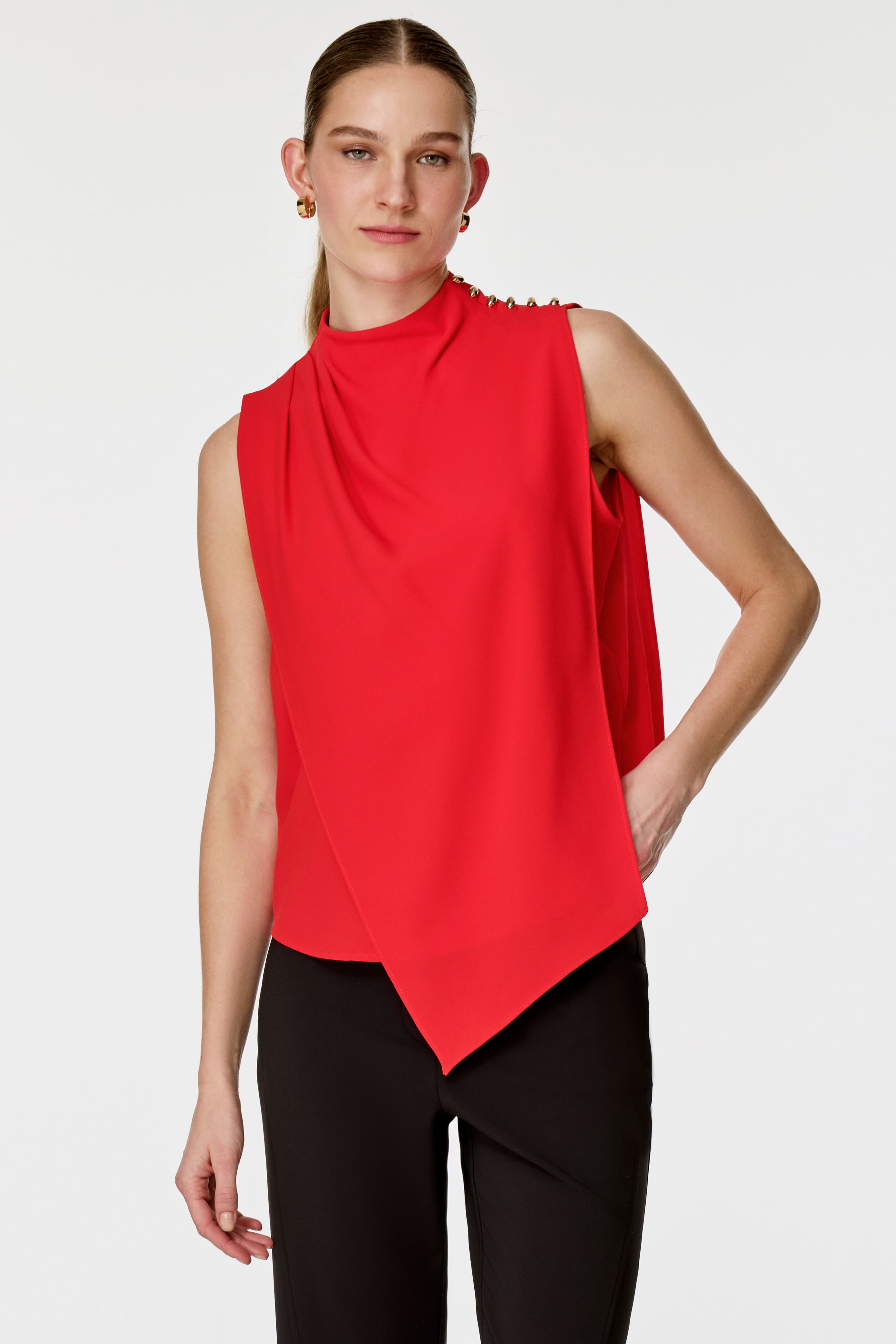 Asimetrik Kesim Kolsuz Bluz KIRMIZI