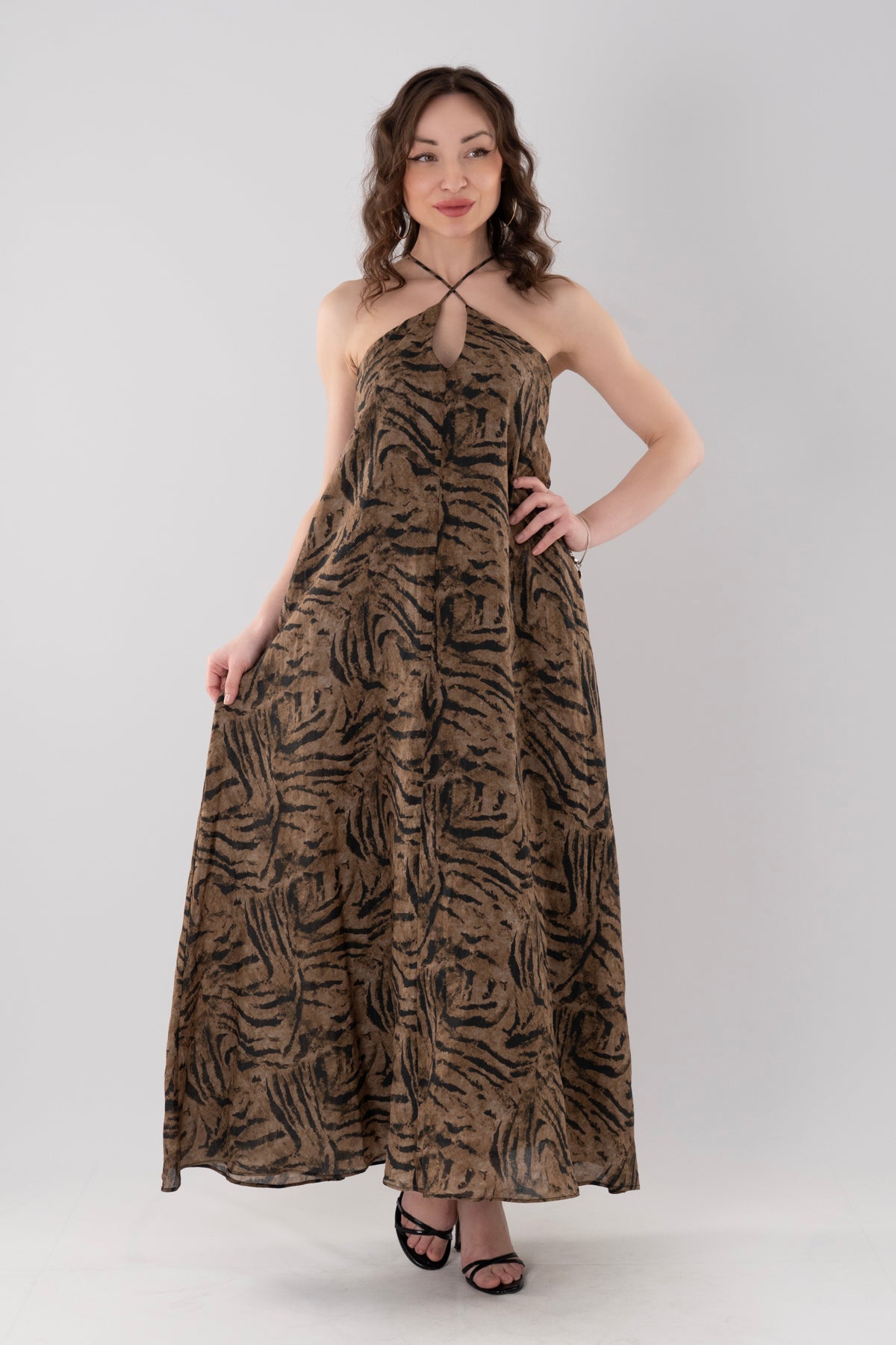 Sırt Dekolteli Animal Print Maxi Elbise - Çapraz Bağcıklı