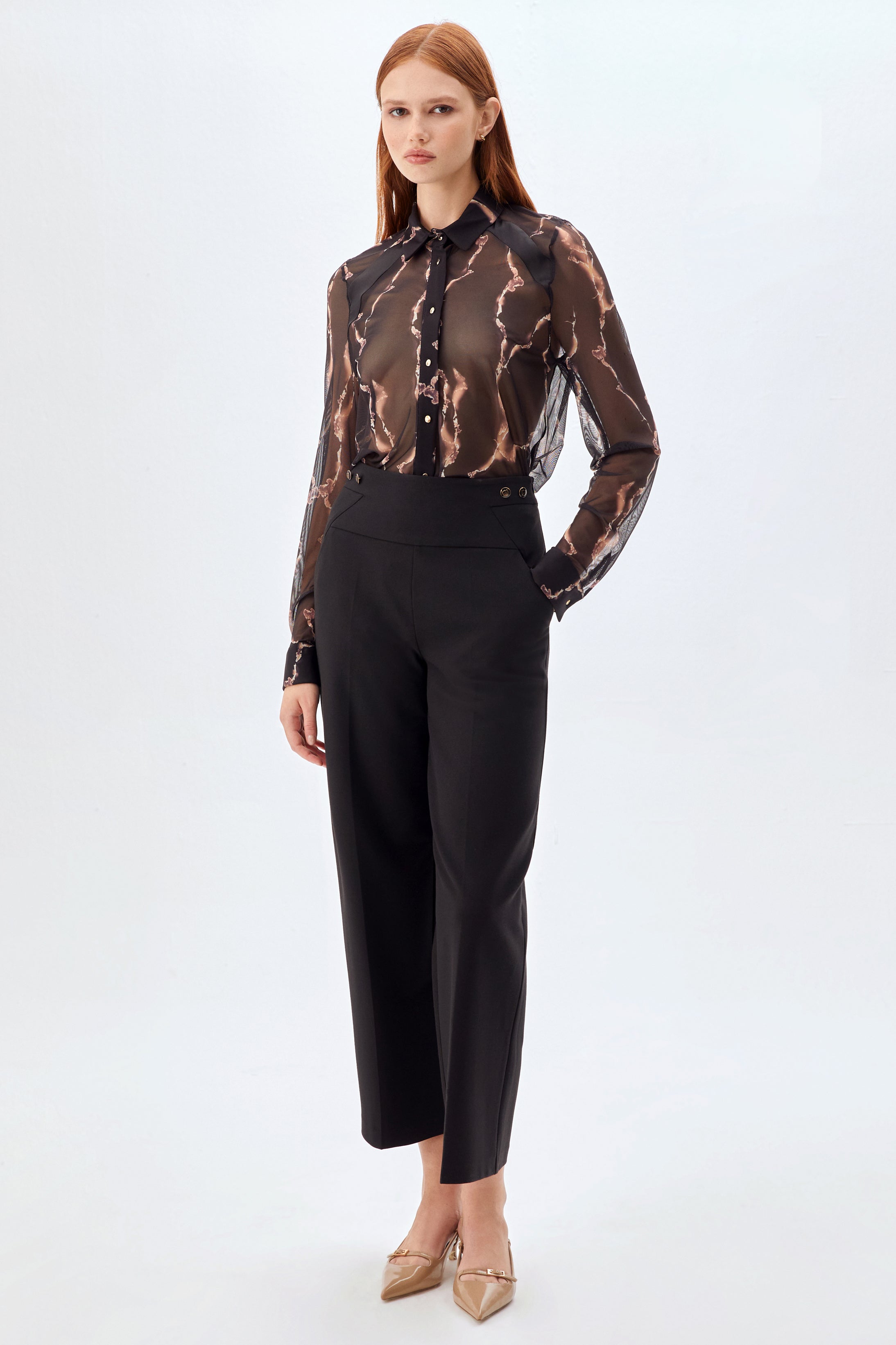 Bol Kesim Yüksek Bel Likralı Kumaş Pantolon SİYAH