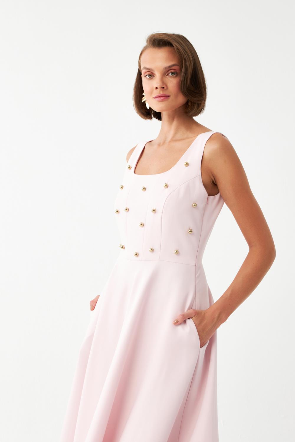 İnci Düğmeli Midi Elbise