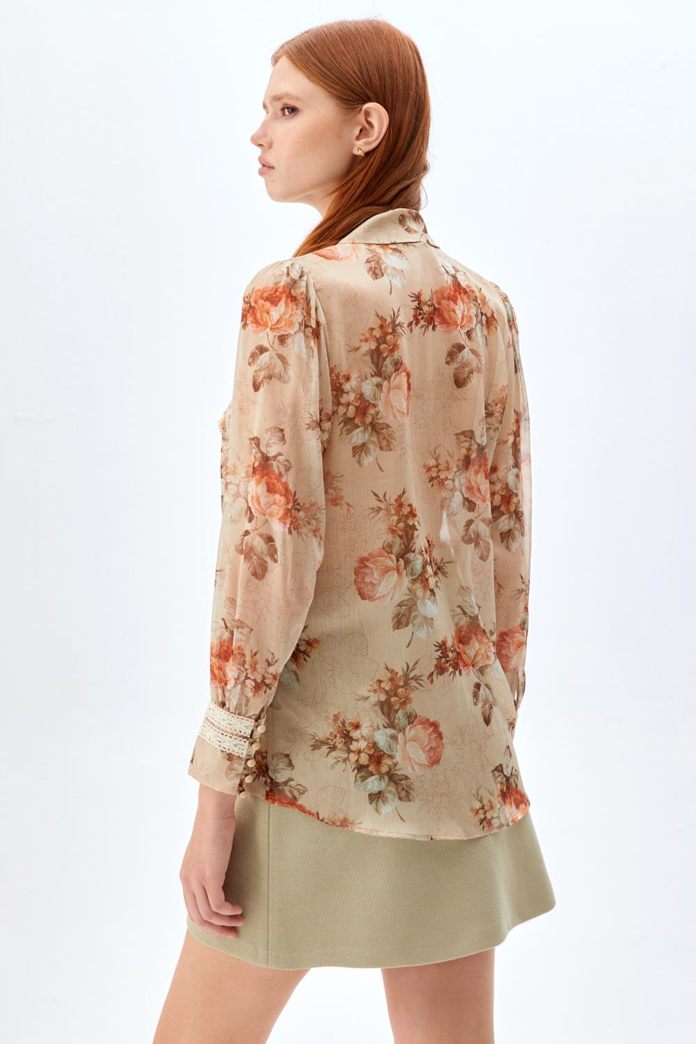 Çıkarılabilir Fırfır Yakalı Desenli Şifon Gömlek BEJ
