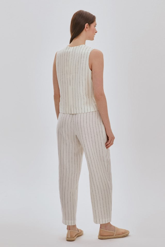 Çizgili Keten Havuç Pantolon EKRU