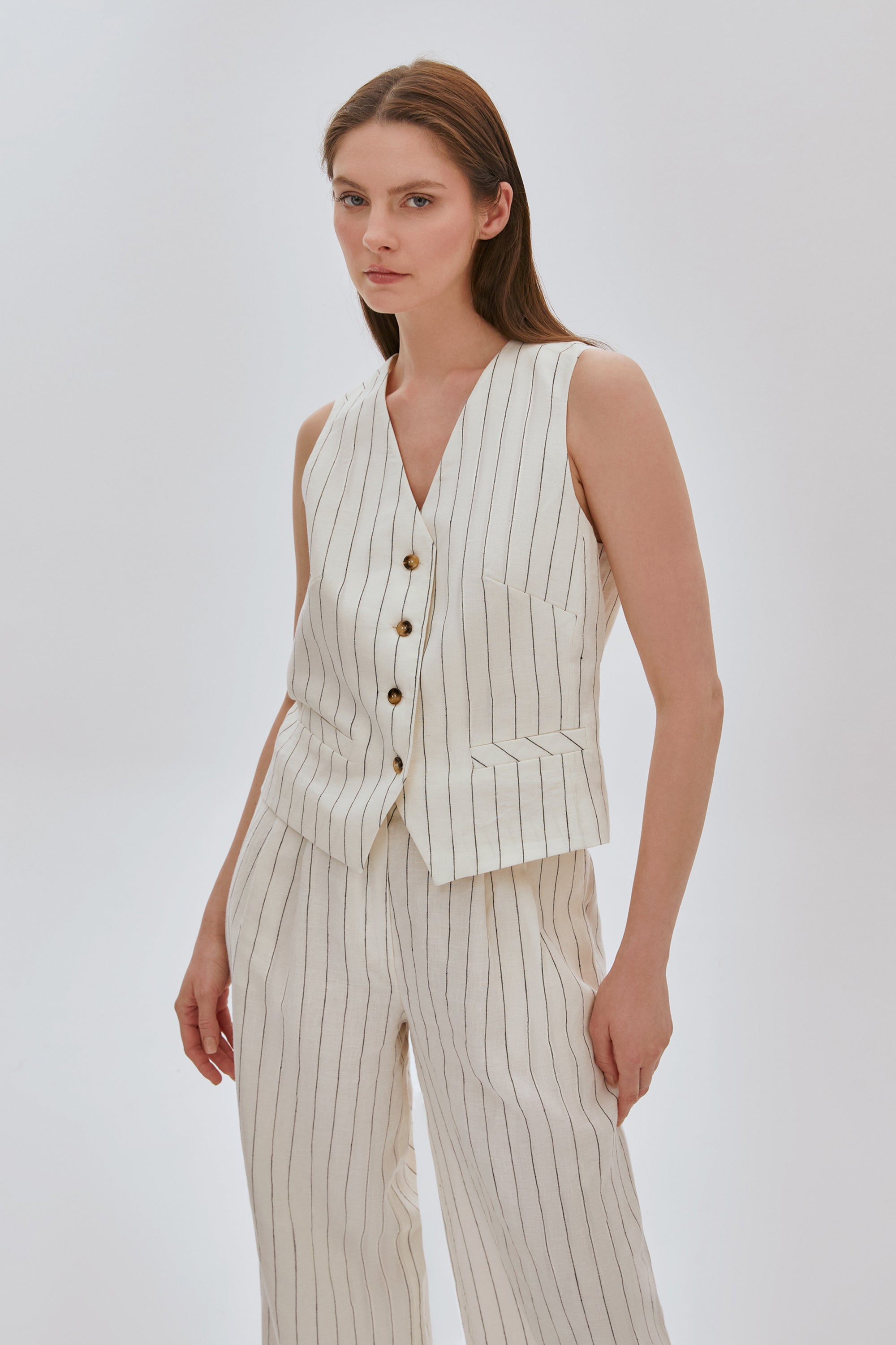 Çizgili Keten Yelek Pantolon Takım EKRU