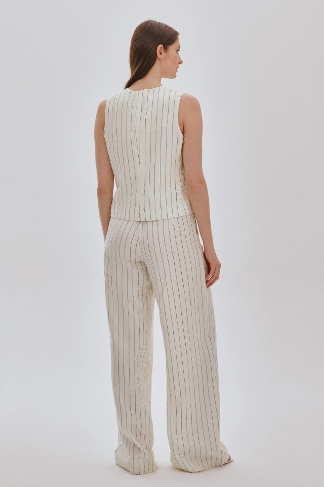Çizgili Keten Yelek Pantolon Takım EKRU