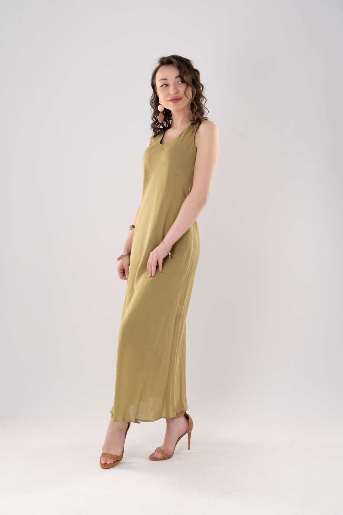 Haki Yeşil Uzun Kolsuz Elbise - V Yaka Maxi Dress