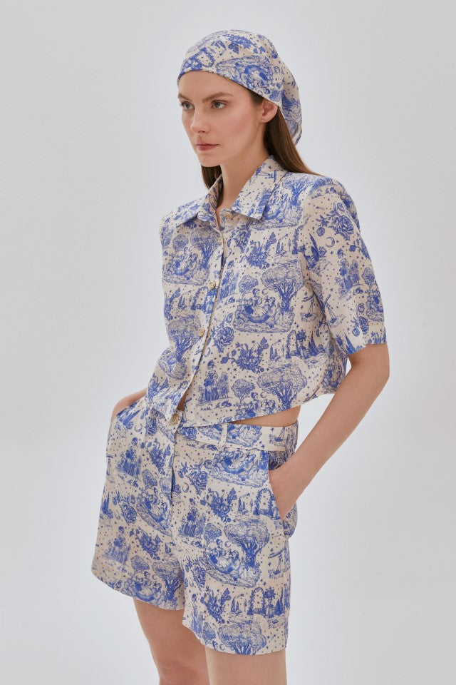 Desenli Gömlek Şort Takım Bej
