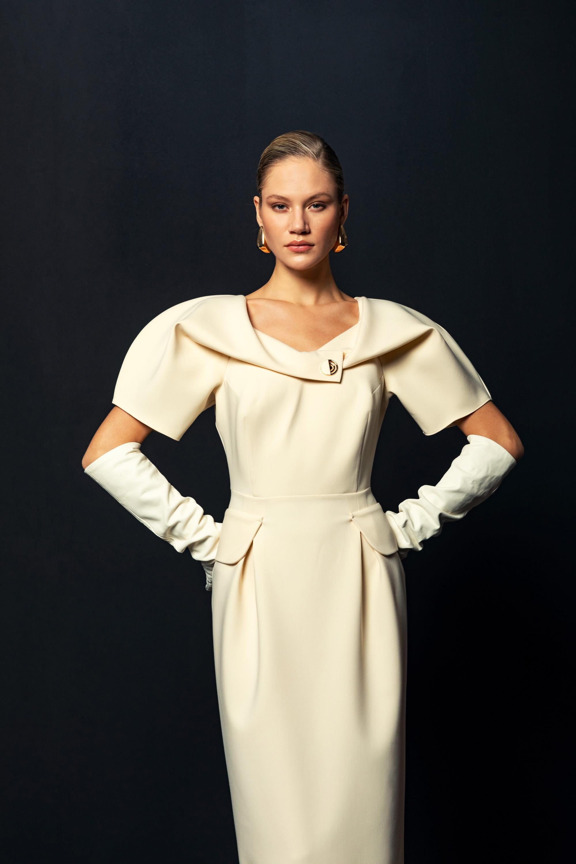 DRAPELİ OMUZ DETAYLI ELBİSE 26W40820