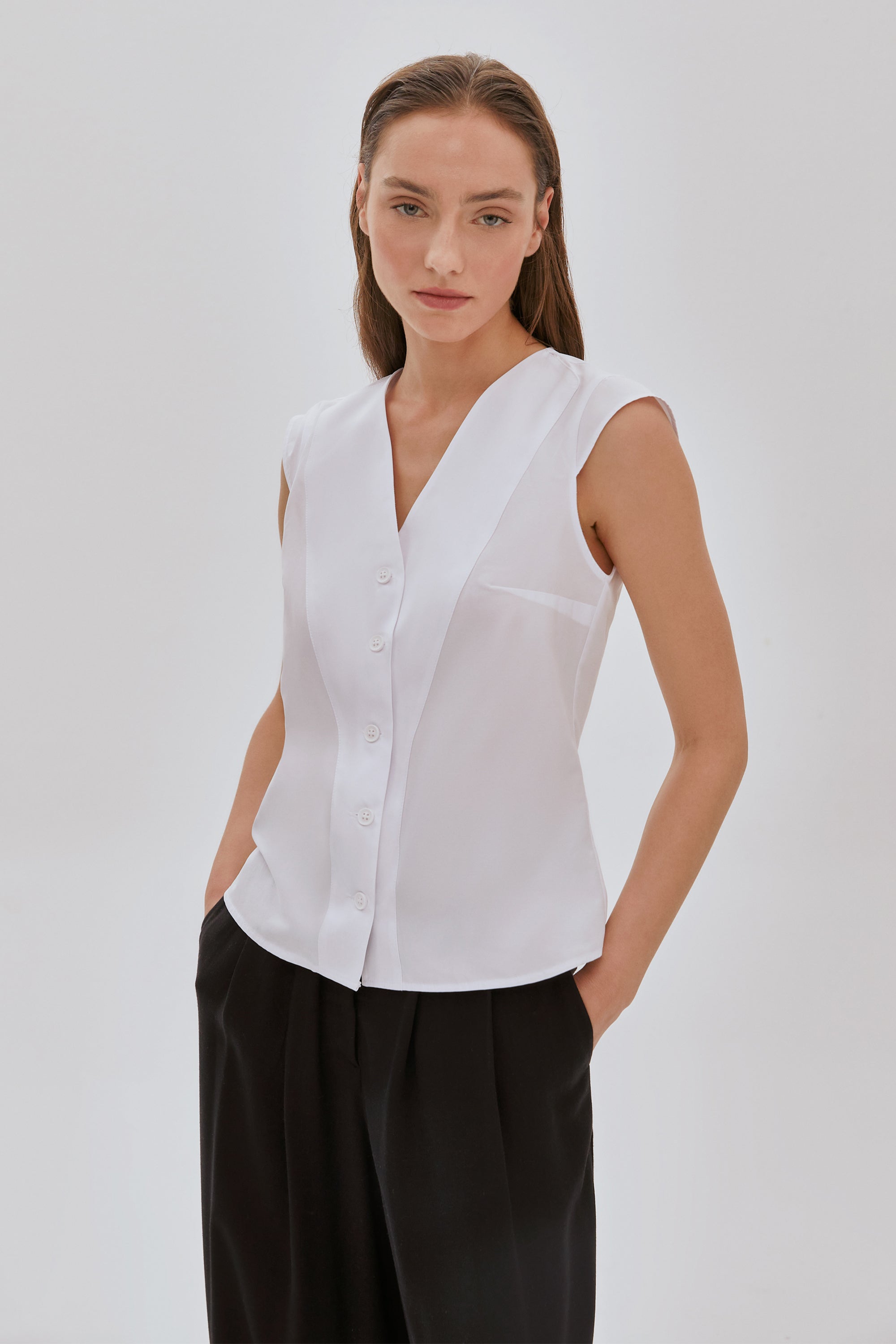 Düğmeli Poplin Kolsuz Bluz