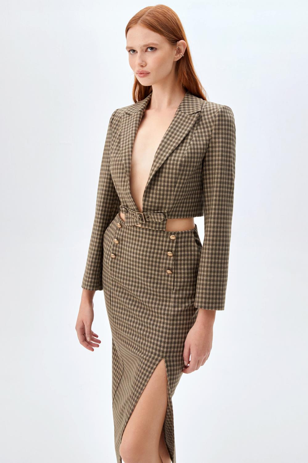 Ekose Desenli Crop Ceket, Kalem Etek Takım