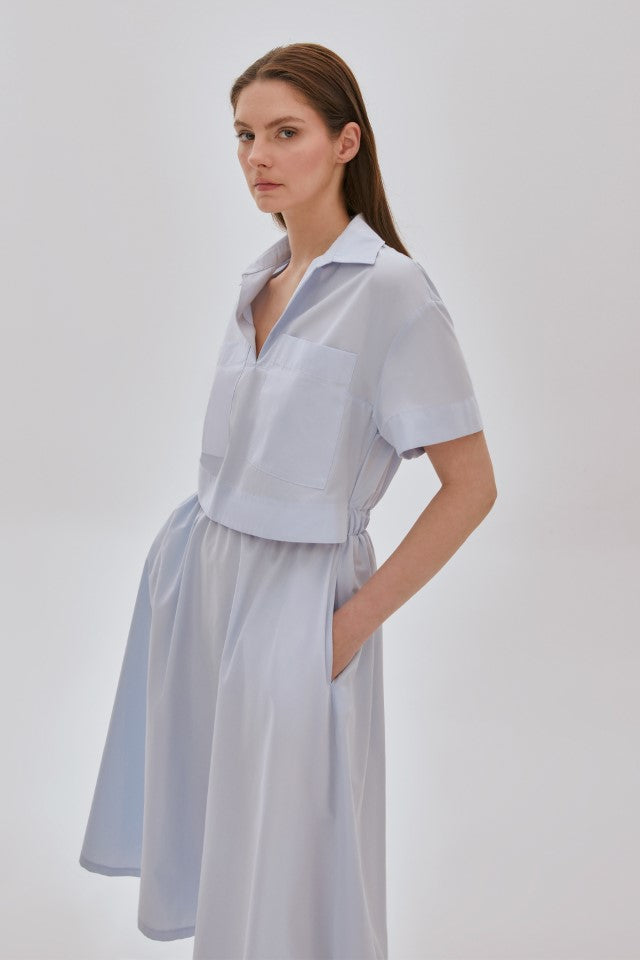 Hasır Tokalı Uzun Keten Elbise MAVİ