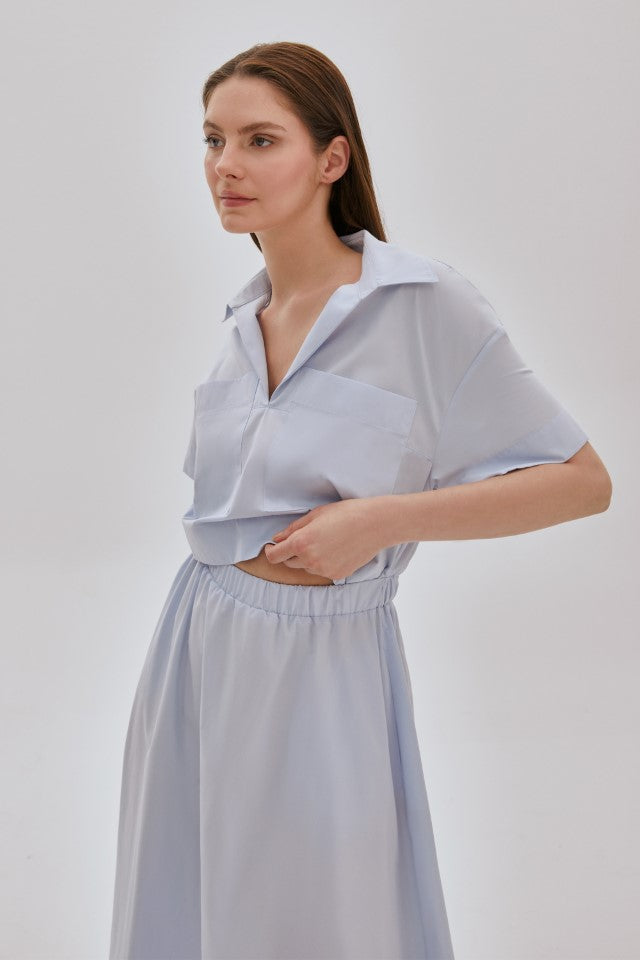 Hasır Tokalı Uzun Keten Elbise MAVİ