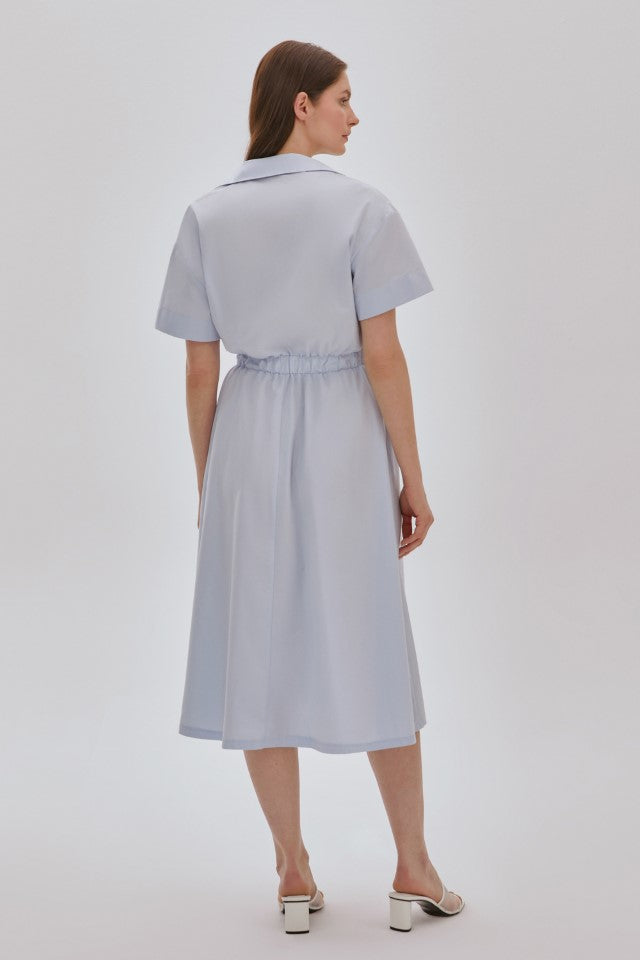 Hasır Tokalı Uzun Keten Elbise MAVİ