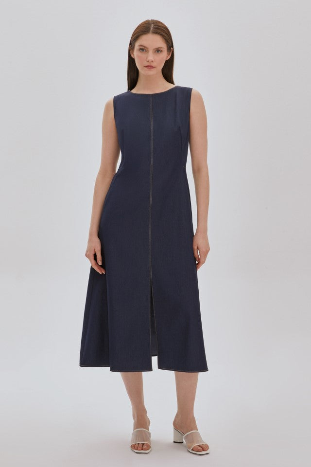 İnce Askılı Desenli Elbise LACİVERT