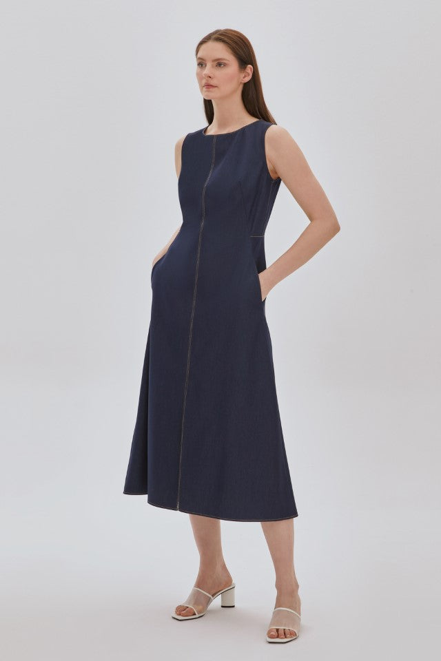 İnce Askılı Desenli Elbise LACİVERT