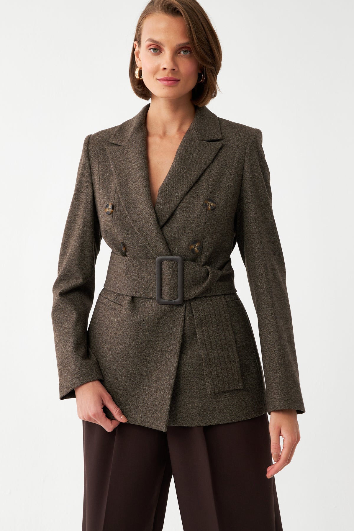 Kadın Kuşaklı Kruvaze Blazer Ceket