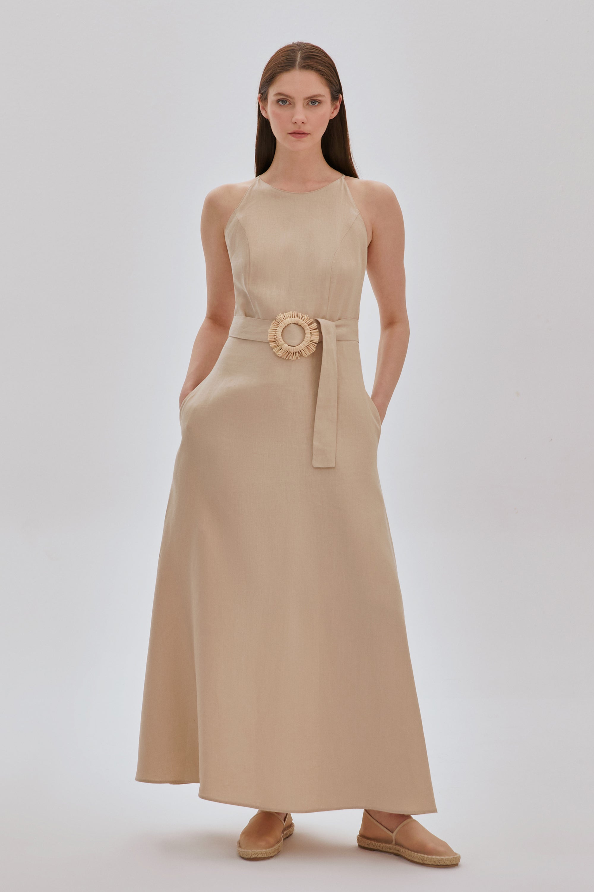 Kemerli Pamuk Midi Elbise Bej