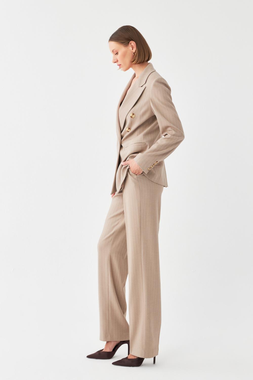 Klapa Çizgili Takım Elbise BEJ