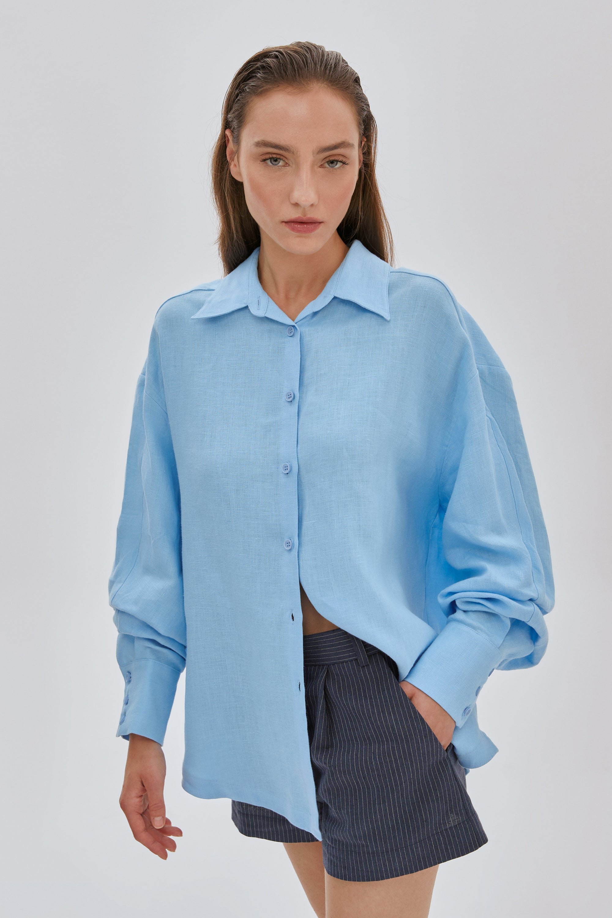 Kol Detaylı Oversize Keten Gömlek