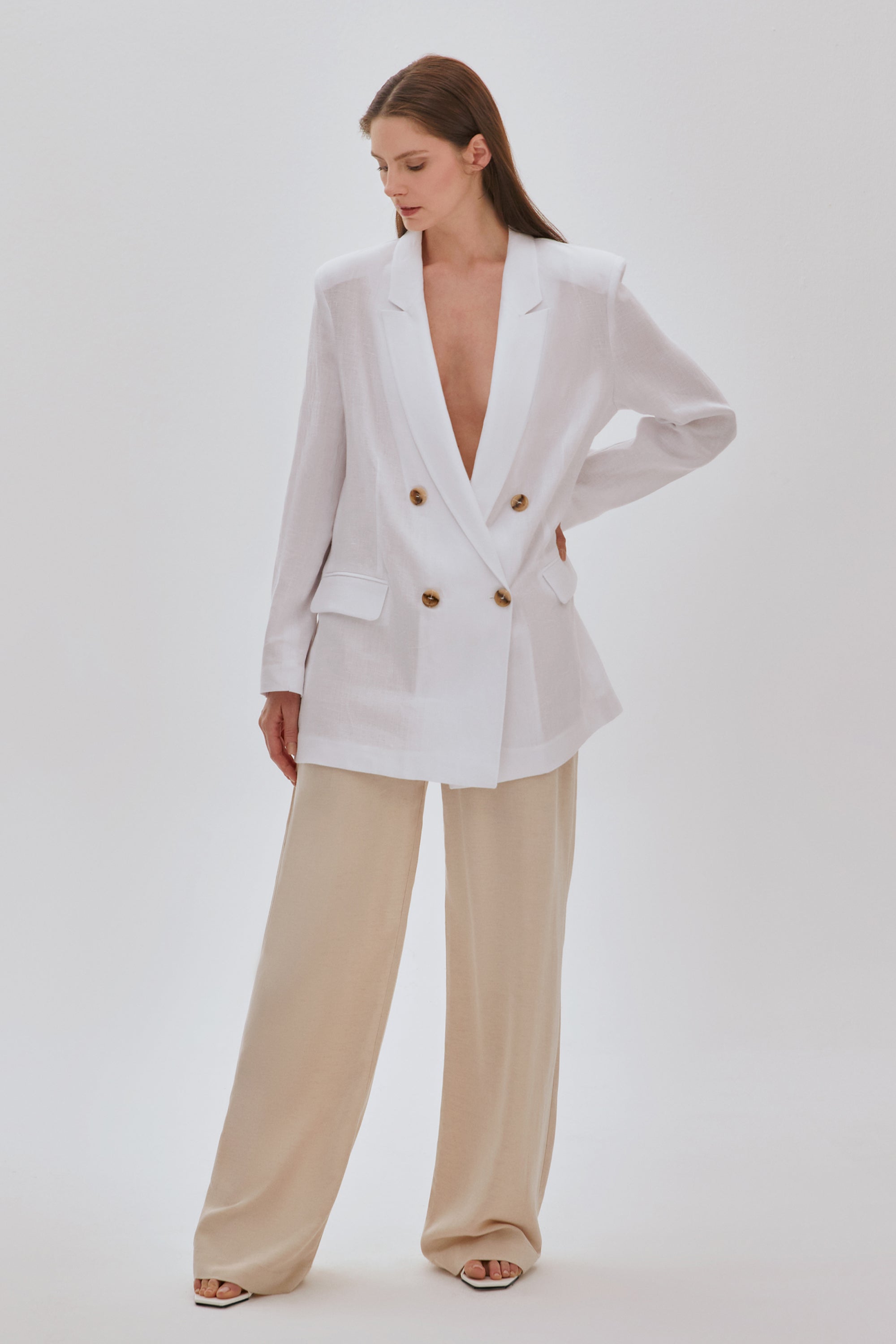 Kruvaze Oversize Keten Ceket Beyaz