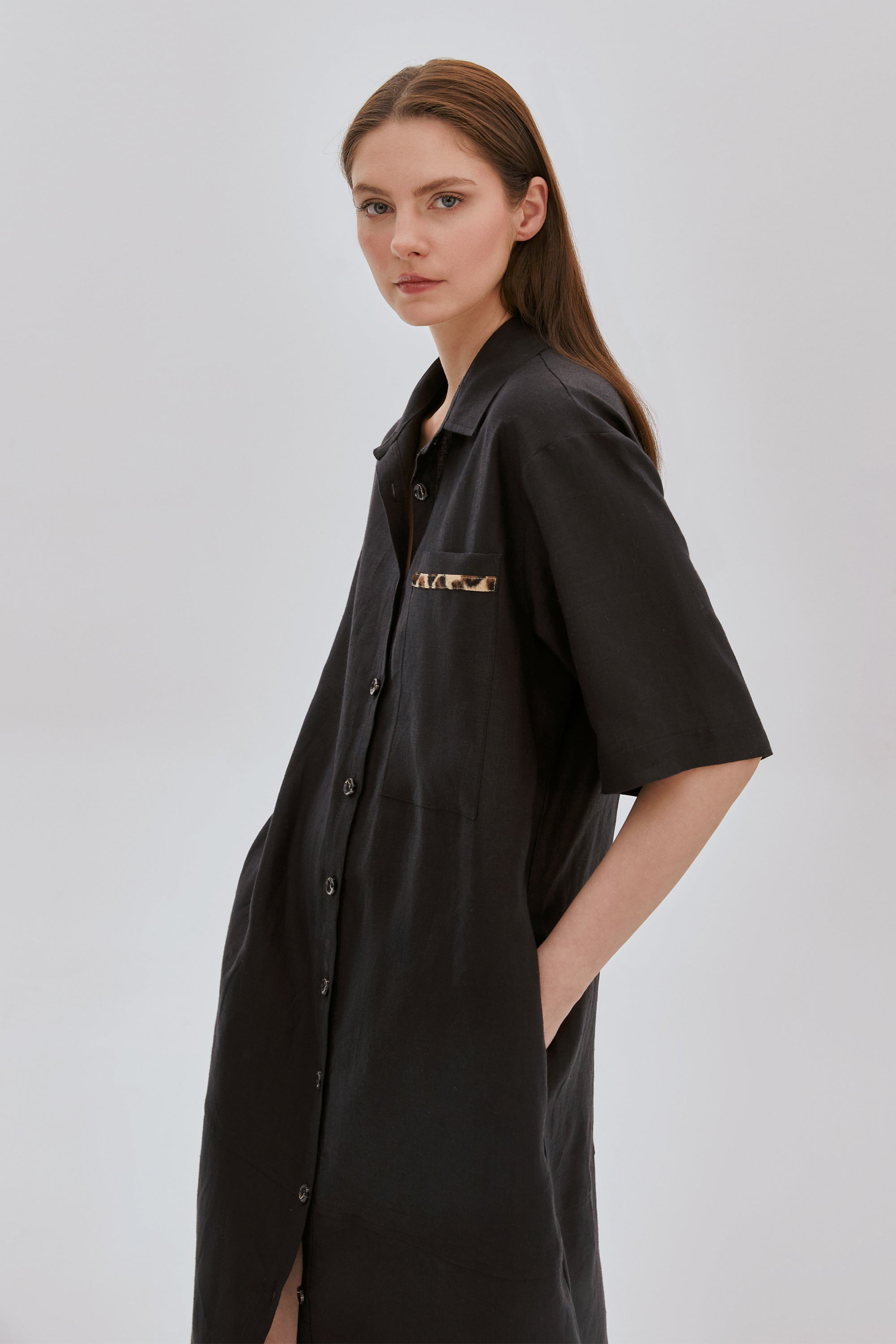 Leopar Şeritli Uzun Keten Elbise