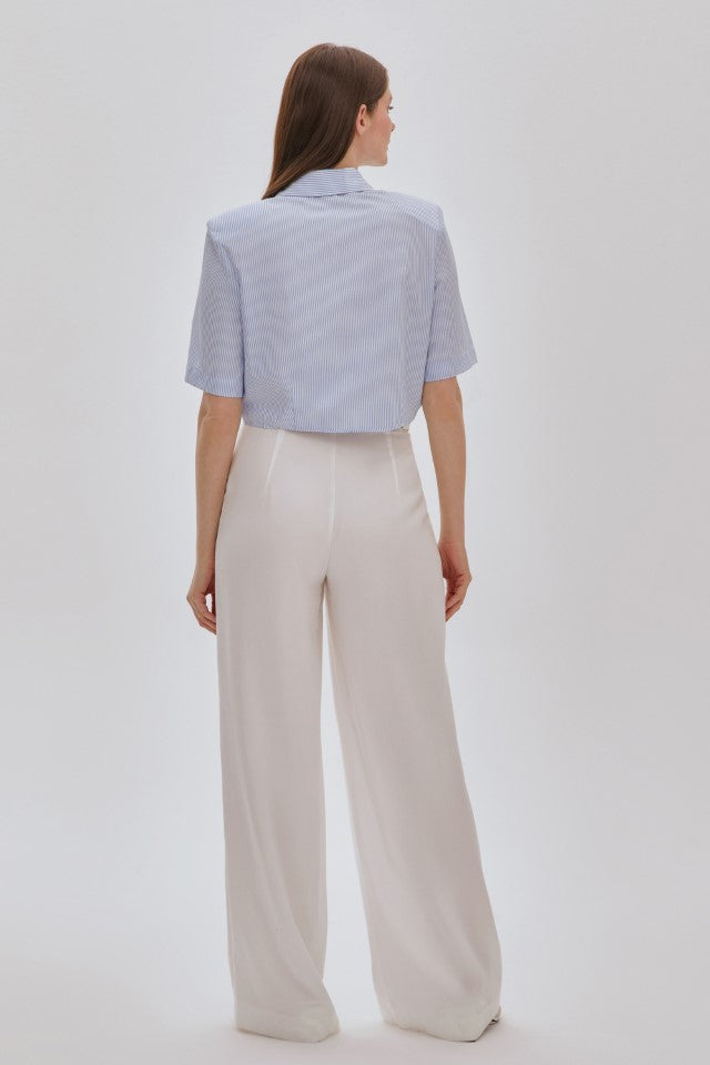 Pileli Tencel Palazzo Pantolon Beyaz