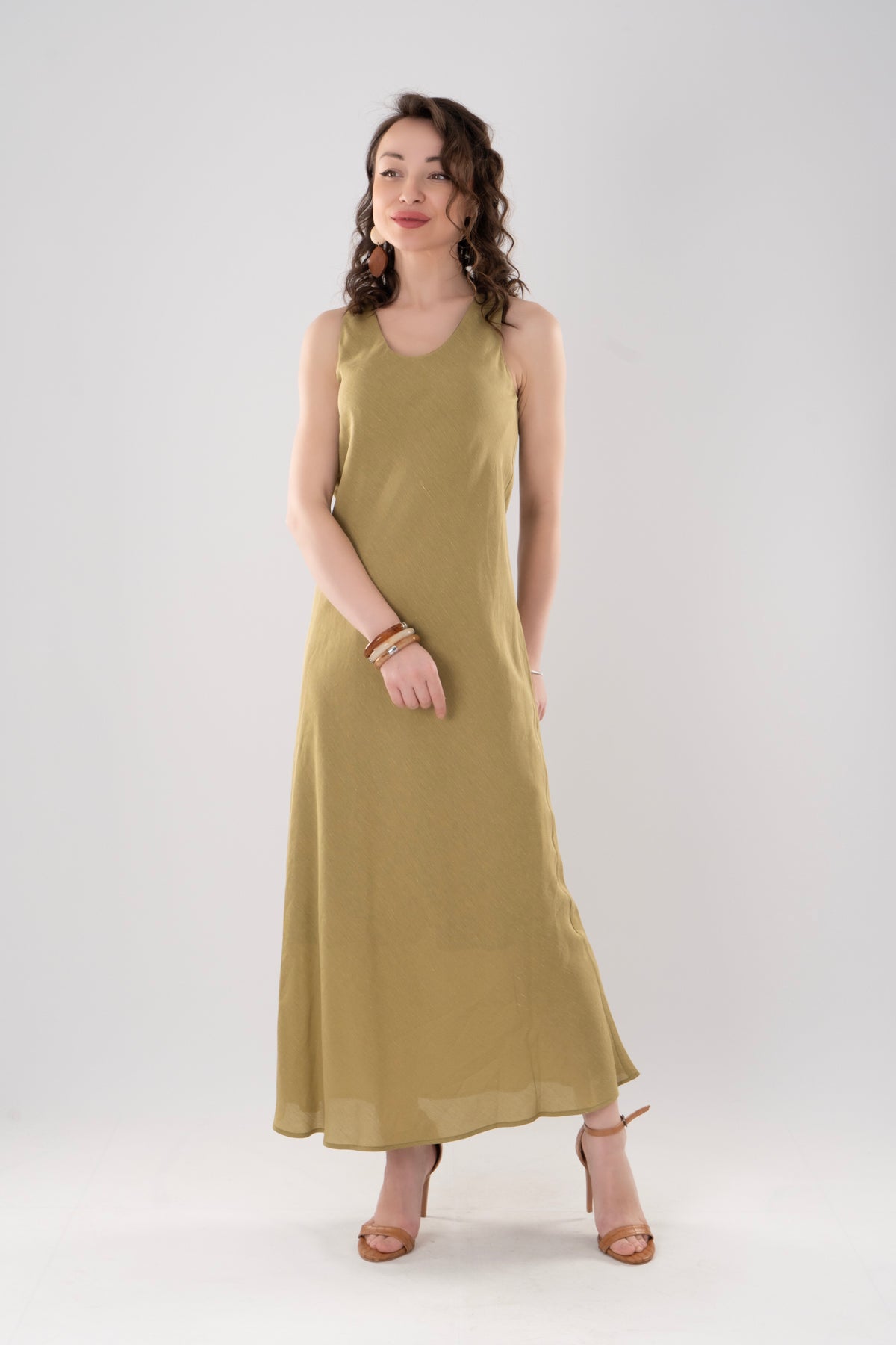 Haki Yeşil Uzun Kolsuz Elbise - V Yaka Maxi Dress