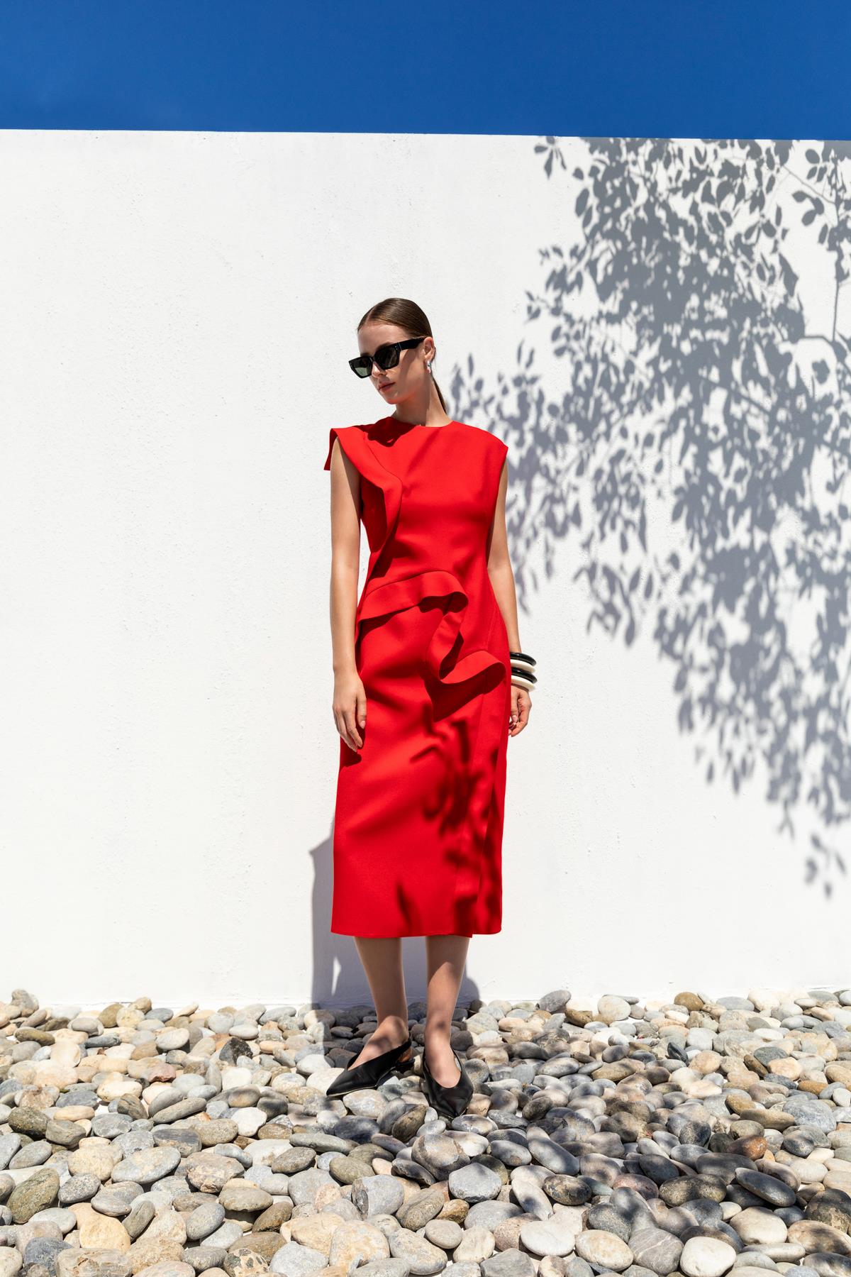 VOLANLI MİDİ ELBİSE 26W40809