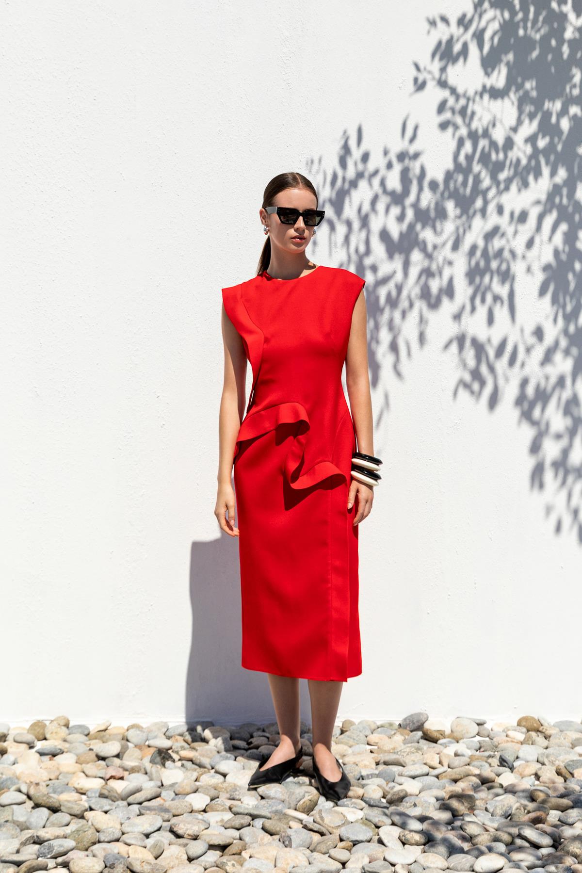 VOLANLI MİDİ ELBİSE 26W40809