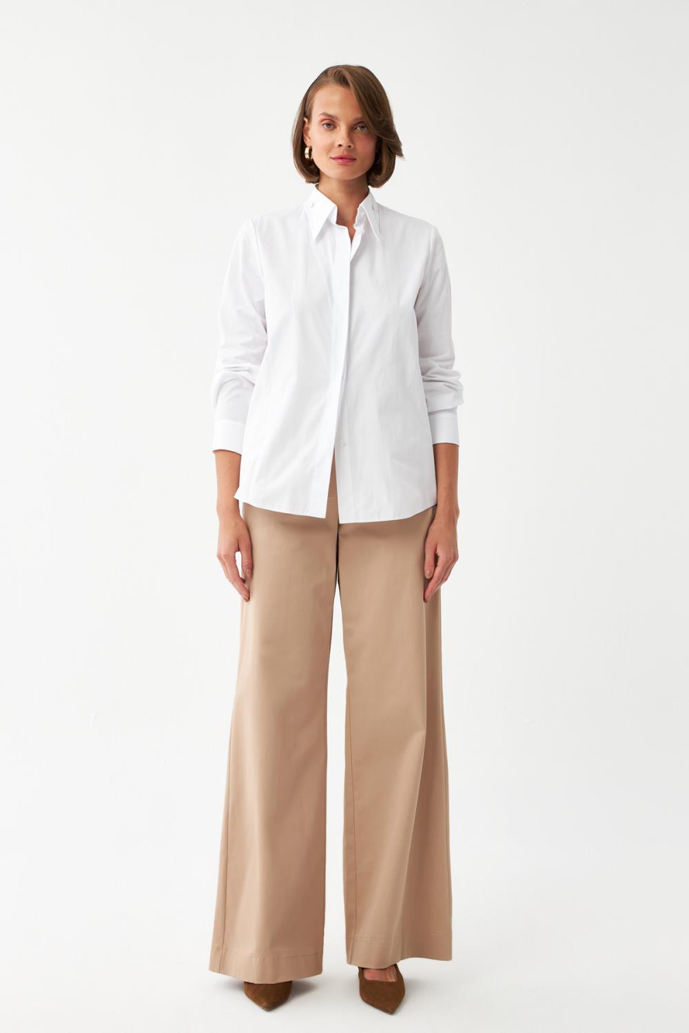 Yakası Düğme Detaylı Pamuk Gömlek BEYAZ