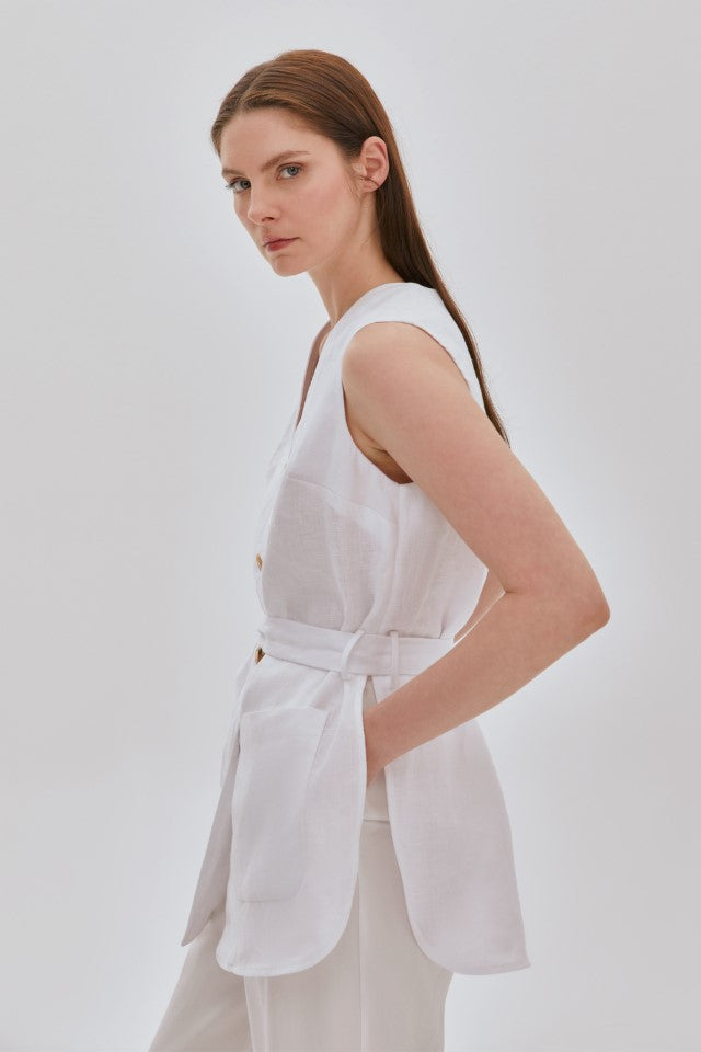 YANI YIRTMAÇLI, KETEN, YELEK PANTOLON TAKIM Beyaz