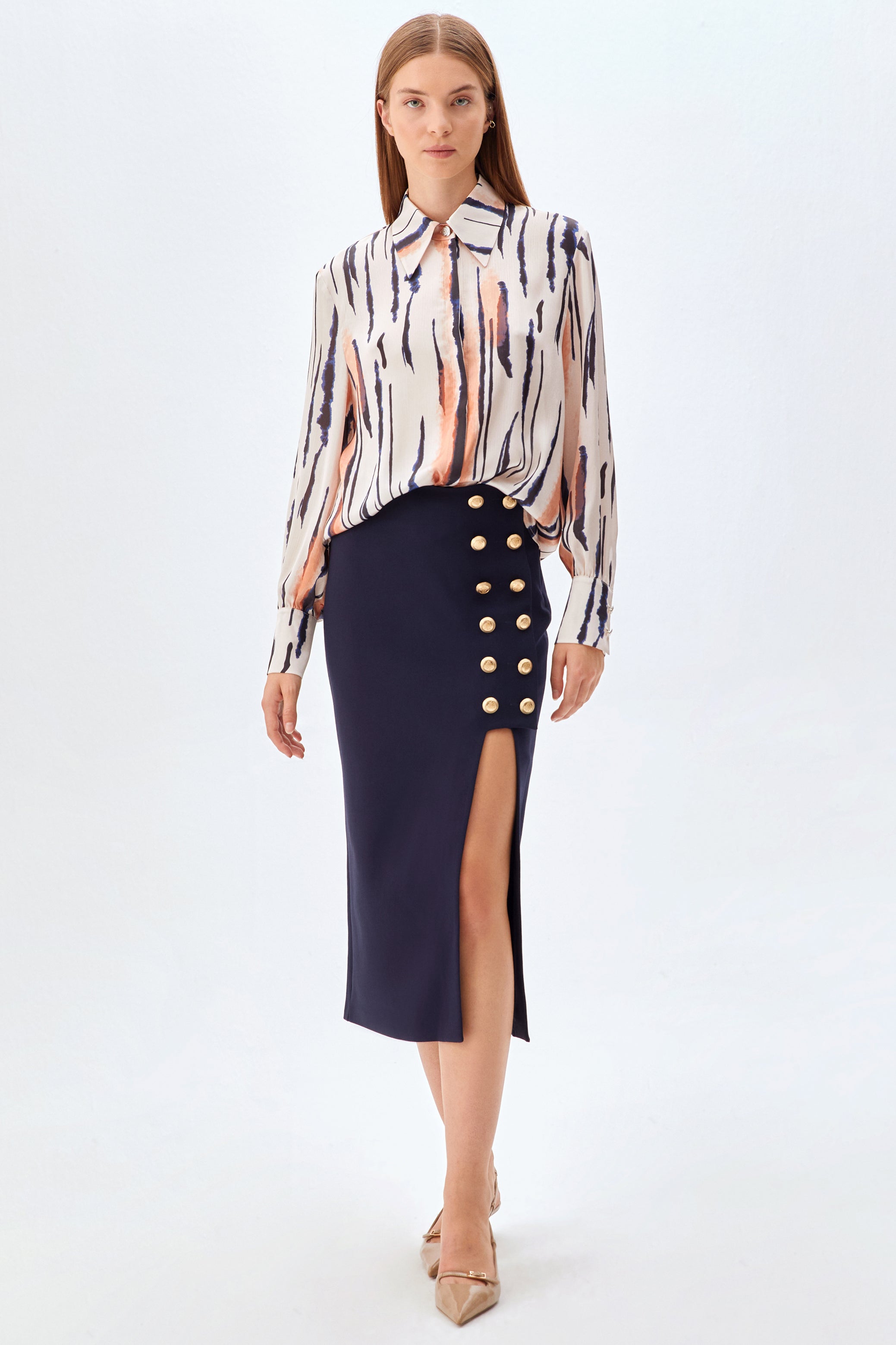 Yırtmaçlı Düz Kesim Midi Etek LACİVERT